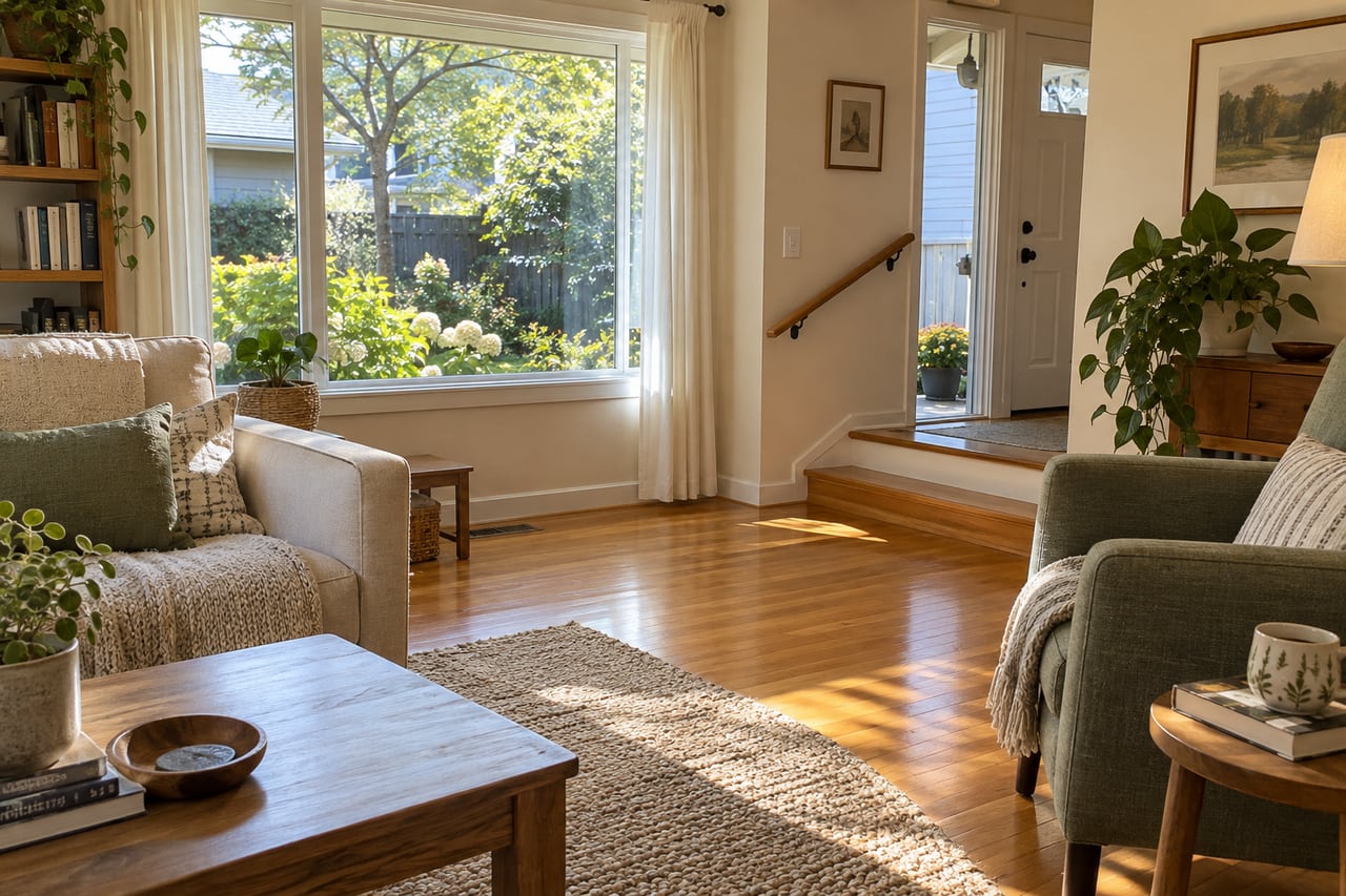 Illustrative home interior with a handrail near the entry